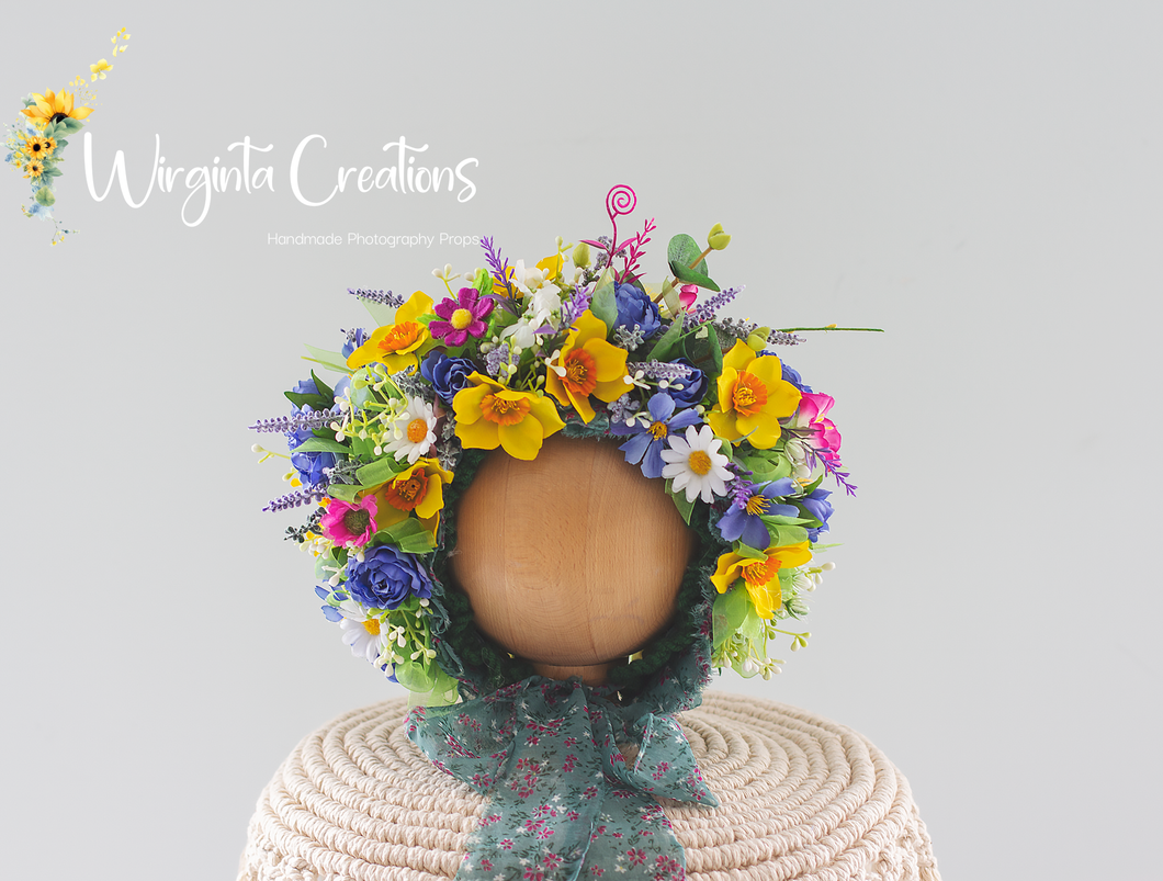 Meadow-Inspired Flower Bonnet for 6-24 Months Old | Photography Prop| Flower Headpiece | Colourful | Handmade