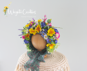 Meadow-Inspired Flower Bonnet for 6-24 Months Old | Photography Prop| Flower Headpiece | Colourful | Handmade