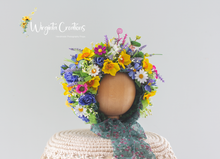 Load image into Gallery viewer, Meadow-Inspired Flower Bonnet for 6-24 Months Old | Photography Prop| Flower Headpiece | Colourful | Handmade