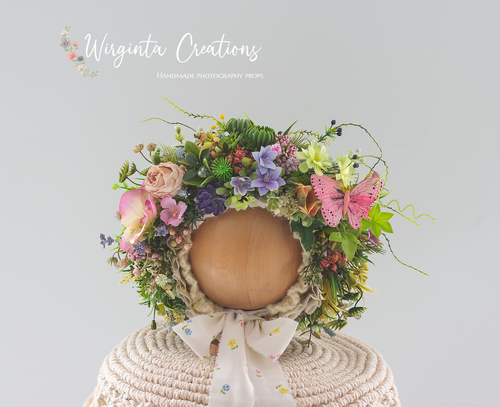 Meadow-Inspired Flower Bonnet for 12-24 Months Old | Photography Prop| Flower Headpiece | Handmade