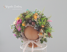Load image into Gallery viewer, Meadow Inspired Flower Bonnet for 12-24 Months Old | Photography Prop | Flower Headpiece