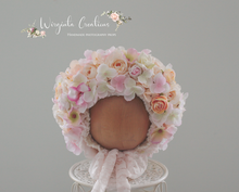 Load image into Gallery viewer, Flower Bonnet for 12-24 Months Old | Photography Prop | Pastel Colours | Artificial Flower Headpiece