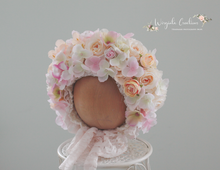 Load image into Gallery viewer, Flower Bonnet for 12-24 Months Old | Photography Prop | Pastel Colours | Artificial Flower Headpiece