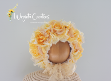 Load image into Gallery viewer, Handmade Flower Bonnet for Babies 6-24 Months | Yellow Colour | Artificial Flower Headpiece for Photography
