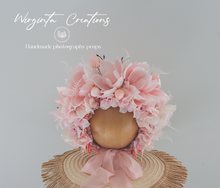 Load image into Gallery viewer, Flower Bonnet for 12-24 Months | Pink Colour | Handmade| Artificial Magnolia Flower Headpiece | Photo Prop