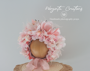 Flower Bonnet for 12-24 Months | Pink Colour | Handmade| Artificial Magnolia Flower Headpiece | Photo Prop