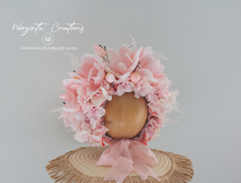 Load image into Gallery viewer, Flower Bonnet for 12-24 Months | Pink Colour | Handmade| Artificial Magnolia Flower Headpiece | Photo Prop