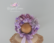Load image into Gallery viewer, Handmade Flower Bonnet for Babies 6-24 Months | Purple Colour | Artificial Flower Headpiece for Photography