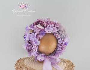 Handmade Flower Bonnet for Babies 6-24 Months | Purple Colour | Artificial Flower Headpiece for Photography