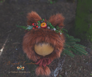Handmade Tattered/Ruffle Style Baby Fox Bonnet | Burnt Orange | For 6-12 Months | Decorated with artificial berries | Photo Prop
