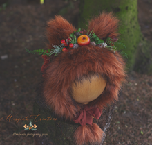 Load image into Gallery viewer, Handmade Tattered/Ruffle Style Baby Fox Bonnet | Burnt Orange | For 6-12 Months | Decorated with artificial berries | Photo Prop