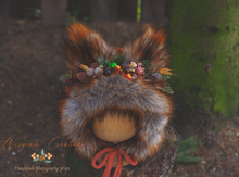Load image into Gallery viewer, Handmade Tattered/Ruffle Style Baby Fox Bonnet | Burnt Orange | For 12-24 Months | Decorated with artificial berries | Photo Prop