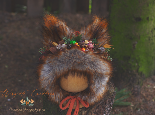 Handmade Tattered/Ruffle Style Baby Fox Bonnet | Burnt Orange | For 12-24 Months | Decorated with artificial berries | Photo Prop