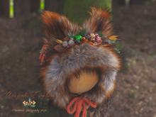 Load image into Gallery viewer, Handmade Tattered/Ruffle Style Baby Fox Bonnet | Burnt Orange | For 12-24 Months | Decorated with artificial berries | Photo Prop