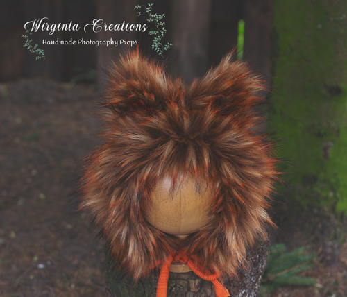 Handmade Tattered/Ruffle Style Baby Fox Bonnet - Burnt Orange - 12-24 Months - Photo Prop