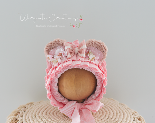Handmade Tattered/Ruffle Style Teddy Bear Bonnet for 6-24 Months Old | Pink | Decorated with Ribbon and Artificial Flowers | Ready to Send