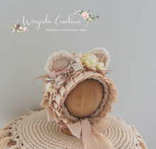 Load image into Gallery viewer, Handmade Tattered/Ruffle Style Teddy Bear Bonnet for 6-24 Months Old | Beige | Decorated with Ribbon and Artificial Flowers | Ready to Send