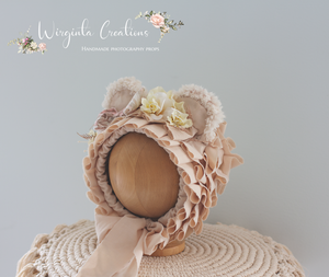 Handmade Tattered/Ruffle Style Teddy Bear Bonnet for 6-24 Months Old | Beige | Decorated with Ribbon and Artificial Flowers | Ready to Send