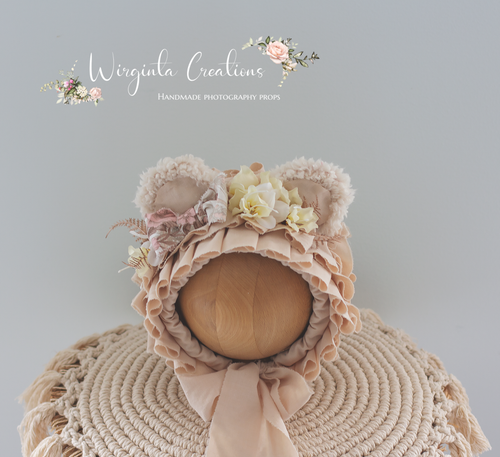 Handmade Tattered/Ruffle Style Teddy Bear Bonnet for 6-24 Months Old | Beige | Decorated with Ribbon and Artificial Flowers | Ready to Send