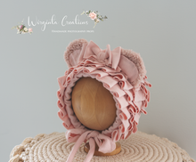 Load image into Gallery viewer, Handmade Tattered/Ruffle Style Teddy Bear Bonnet for 6-24 Months Old | Blush Pink | Decorated with Ribbon | Ready to Send