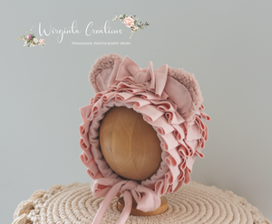 Handmade Tattered/Ruffle Style Teddy Bear Bonnet for 6-24 Months Old | Blush Pink | Decorated with Ribbon | Ready to Send