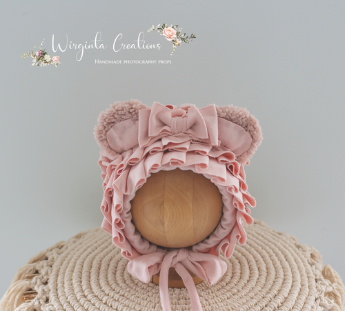 Handmade Tattered/Ruffle Style Teddy Bear Bonnet for 6-24 Months Old | Blush Pink | Decorated with Ribbon | Ready to Send