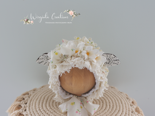 Handmade Baby Sheep Bonnet for 6-24 Months Old | Tattered/ Ruffle Style | Cream, White Colour | Decorated with Artificial Flowers | Ready to send