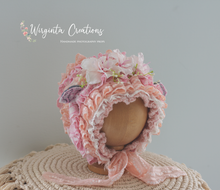 Load image into Gallery viewer, Handmade Baby Sheep Bonnet for 6-24 Months Old | Tattered/ Ruffle Style | Pink, Peach Colour | Decorated with Artificial Flowers | Ready to send