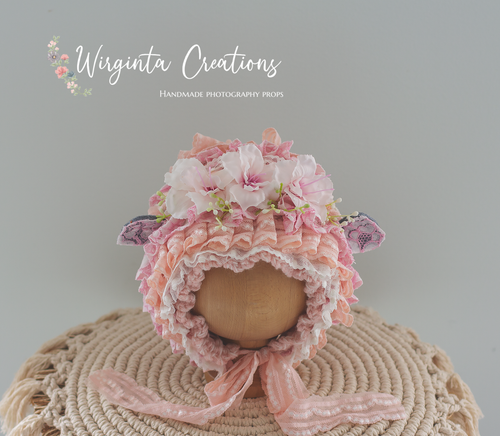 Handmade Baby Sheep Bonnet for 6-24 Months Old | Tattered/ Ruffle Style | Pink, Peach Colour | Decorated with Artificial Flowers | Ready to send