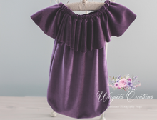 Load image into Gallery viewer, Flower Bonnet and Matching Romper Set for 6-12 Months Old | Plum Purple, Dark Yellow Colour | Velour Fabric | Photography Prop Outfit