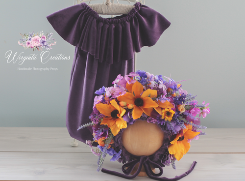Flower Bonnet and Matching Romper Set for 6-12 Months Old | Plum Purple, Dark Yellow Colour | Velour Fabric | Photography Prop Outfit