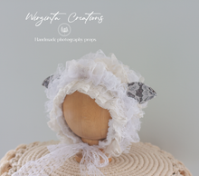 Load image into Gallery viewer, Handmade Baby Sheep Bonnet for 6-24 Months Old | Tattered/ Ruffle Style | Ecru White Colour | Decorated with Ribbon | Ready to send