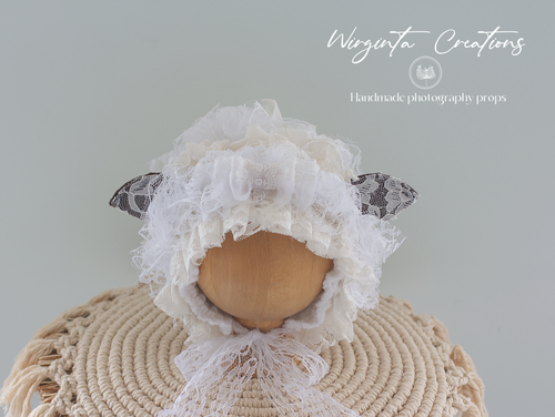 Handmade Baby Sheep Bonnet for 6-24 Months Old | Tattered/ Ruffle Style | Ecru White Colour | Decorated with Ribbon | Ready to send