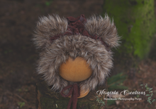 Load image into Gallery viewer, Handmade Tattered Style Teddy Bear Bonnet for 6-24 Months Old | Grey Brown | Decorated with Faux Fur | Ready to Send