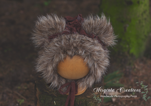 Handmade Tattered Style Teddy Bear Bonnet for 6-24 Months Old | Grey Brown | Decorated with Faux Fur | Ready to Send