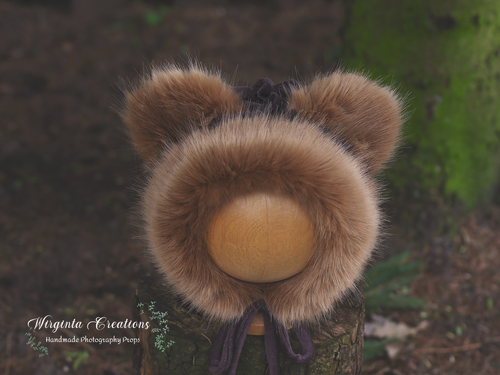 Handmade Tattered Style Teddy Bear Bonnet for 12-24 Months Old | Caramel Brown | Decorated with Faux Fur | Ready to Send