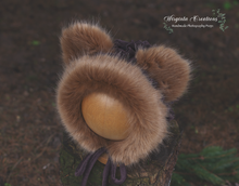 Load image into Gallery viewer, Handmade Tattered Style Teddy Bear Bonnet for 12-24 Months Old | Caramel Brown | Decorated with Faux Fur | Ready to Send