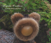 Load image into Gallery viewer, Handmade Tattered Style Teddy Bear Bonnet for 12-24 Months Old | Caramel Brown | Decorated with Faux Fur | Ready to Send
