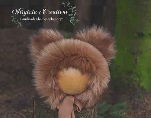 Handmade Tattered Style Teddy Bear Bonnet for 12-24 Months Old | Light Brown | Decorated with Faux Fur | Ready to Send