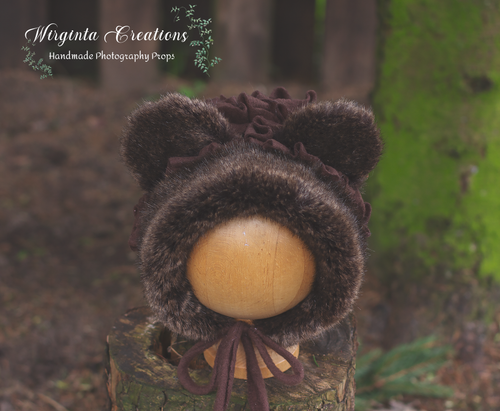 Handmade Tattered Style Teddy Bear Bonnet for 6-24 Months Old | Dark Brown | Decorated with Faux Fur | Ready to Send