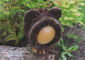Handmade Tattered Style Teddy Bear Bonnet for 6-24 Months Old | Dark Brown | Decorated with Faux Fur | Ready to Send