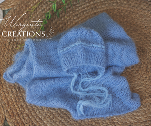 Wrap and Bonnet Set - Newborn - Blue or Grey Colour - Handmade - Fuzzy Yarn - Ready to Send - Photography Prop