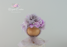 Load image into Gallery viewer, Handmade Bonnet | Hand-Knitted | Purple | Decorated with Artificial Flowers | Photography Prop | Size: 6-12 months old | Ready to Send