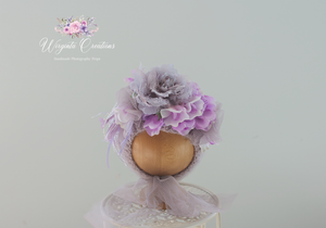 Handmade Bonnet | Hand-Knitted | Purple | Decorated with Artificial Flowers | Photography Prop | Size: 6-12 months old | Ready to Send