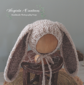 Bunny Bonnet | Hand-Knitted | Beige Brown Colour | Floppy Ears | Easter | Size available: 6-12 months old