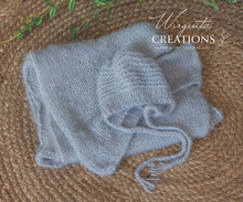 Load image into Gallery viewer, Wrap and Bonnet Set - Newborn - Blue or Grey Colour - Handmade - Fuzzy Yarn - Ready to Send - Photography Prop