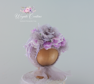 Handmade Bonnet | Hand-Knitted | Purple | Decorated with Artificial Flowers | Photography Prop | Size: 6-12 months old | Ready to Send