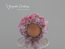 Load image into Gallery viewer, Flower Bonnet for Newborns (0-3 Months) | Photography Headpiece | Pink, White | Ready to Send