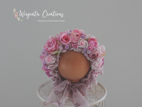 Flower Bonnet for Newborns (0-3 Months) | Photography Headpiece | Pink, White | Ready to Send