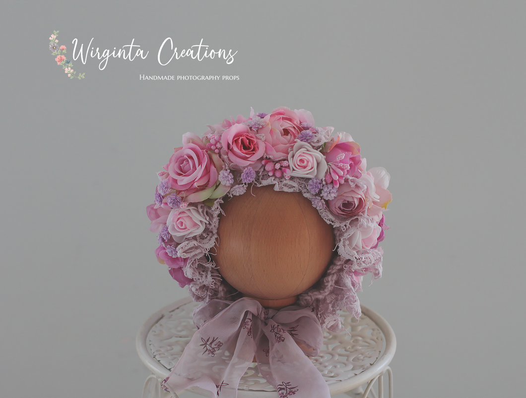 Flower Bonnet for Newborns (0-3 Months) | Photography Headpiece | Pink, White | Ready to Send